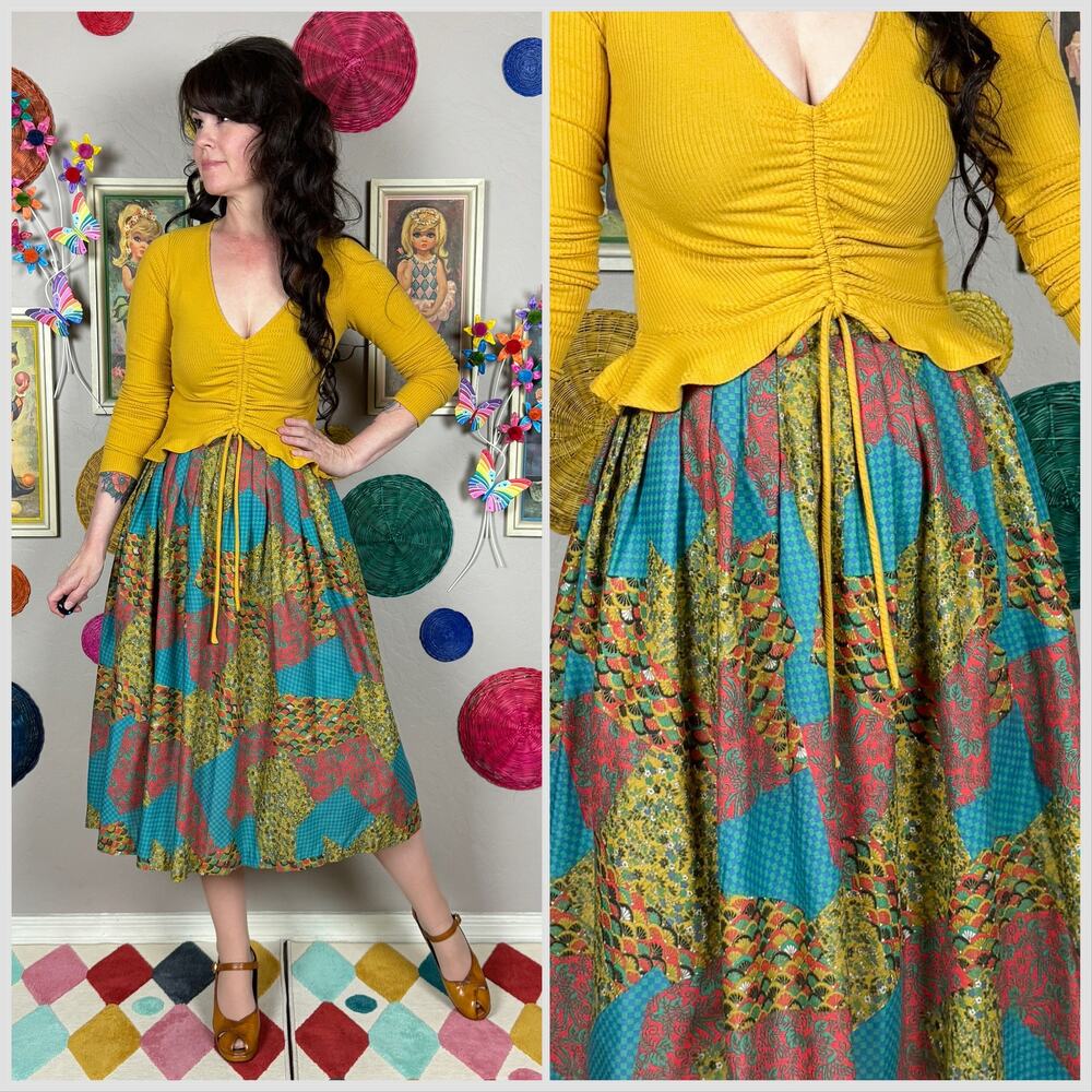 Vintage 1970s Multicolor Patchwork Print High Waist Pleated Skirt